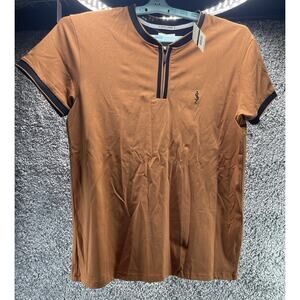 Mens Scott James 1/4 Zip Henley Short Sleeve TShirt Size Large Brown Black New